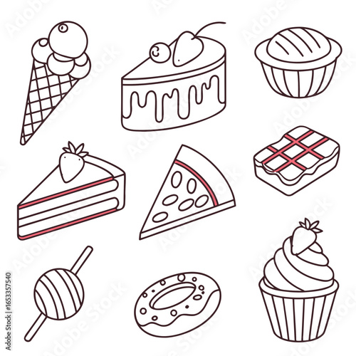 Illustration showcasing an assortment of desserts including cakes ice cream donut and other sweet confectionery on transparent background