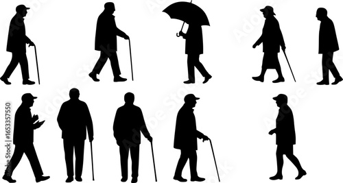 Cad drawing flat vector illustration of senior people silhouettes with walking sticks and umbrellas, ideal for lifestyle, age, health, social care