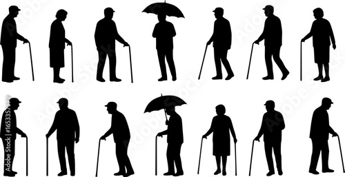 Cad drawing flat vector illustration of senior people silhouettes with walking sticks and umbrellas, ideal for lifestyle, age, health, social care