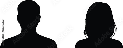 Black silhouette icons, short hair person, long hair figure, white background, faceless design, minimalist style, abstract people, hairstyle contrast, human shape, vector illustration