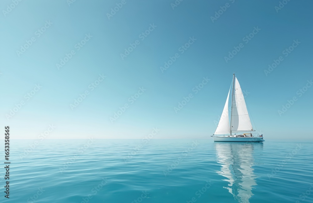 Obraz premium White sailboat glides on calm turquoise ocean under clear blue sky. Nautical vessel on serene water surface, reflecting sunlight. Peaceful journey, summer vacation vibe. Maritime scene, open water.