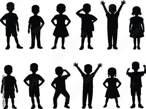 Children silhouette poses, black figures, standing kids, arms raised, hands on hips, saluting, flexing, body language, posture study, white background