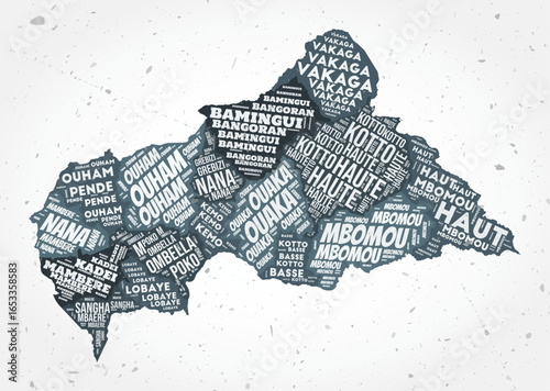 Central African Republic regions word clouds. Country shape on textured background. Central African Republic design in typographic style. Amazing vector illustration.