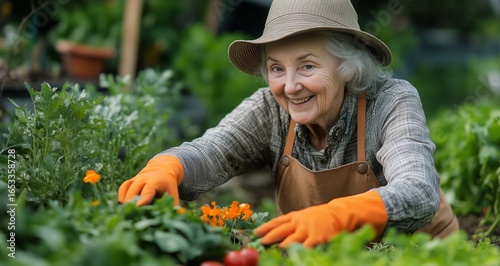 Elderly Woman Gardening Happily Among Colorful Flowers in a Sunny Greenhouse.