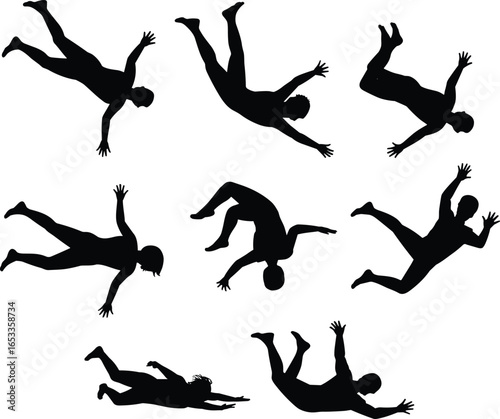 Falling people silhouettes, diving poses, free-fall motion, black vector icons, chaotic layout, dynamic movement, skydiving posture, white background, human form