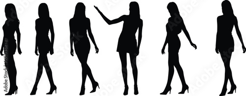 Female silhouettes in dresses, standing poses, high heels, fashion figure icons, black vector illustration, stylish women, white background, design reference