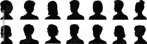 Human head silhouettes, hairstyle variety, black profile icons, curly hair, ponytail, bun, short hair, long hair, white background, diversity design