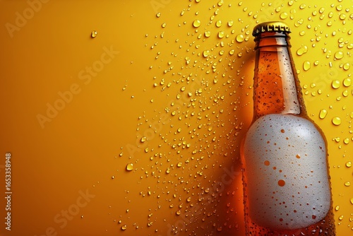 Cold Beer Bottle With Condensation on a Yellow Background During Summer.