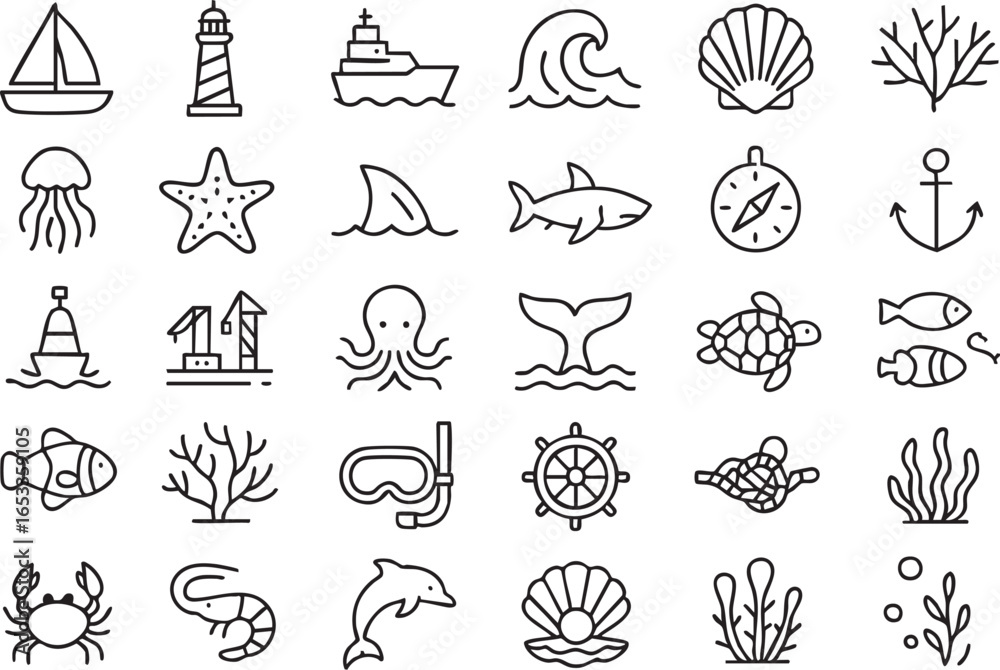 Fototapeta premium Marine and Nautical Vector Icons – Ocean Life, Sea Creatures, Coastal Outline icons