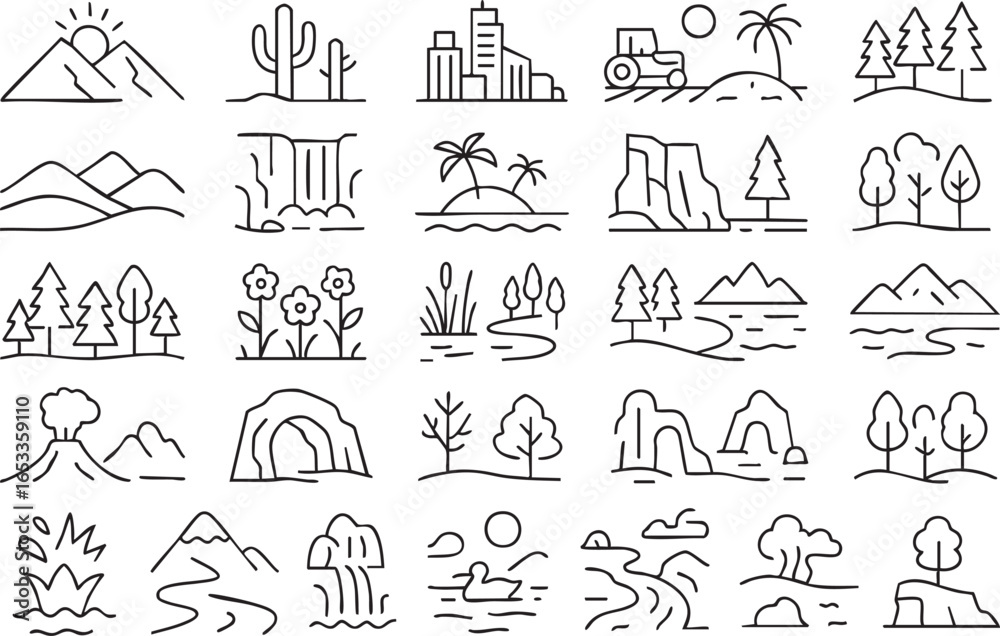 Fototapeta premium Landscape and Nature Vector Icons – Mountains, Trees, Rivers, Outdoor Scenery Outline Set icons