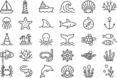 Marine and Nautical Vector Icons – Ocean Life, Sea Creatures, Coastal Outline icons