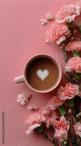 Coffee Cup With Heart Shape Foam Surrounded by Pink Flowers on a Pastel Backg...