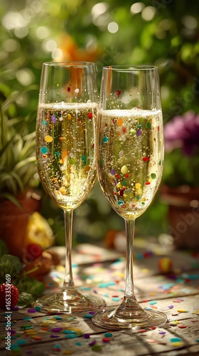 Celebratory Drinks With Colorful Confetti in a Vibrant Outdoor Setting During...