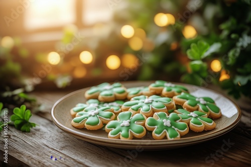 Green Decorated Cookies With Clover Patterns on a Wooden Table in a Warm, Ill...