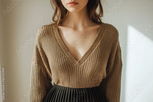 Model Poses in Stylish Brown Sweater, Showcasing Contemporary Fashion and Ele...