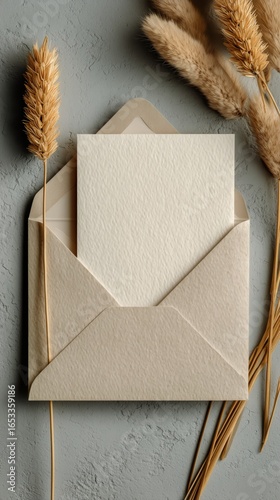 Elegant Envelope With Blank Card and Dried Grass on Textured Surface