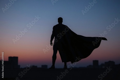 Silhouette of a superhero at sunset over a city.