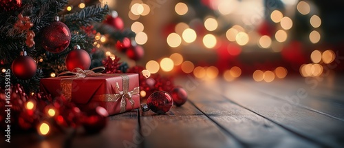 Festive Christmas Decor With Red Ornaments and a Gift Near a Decorated Tree