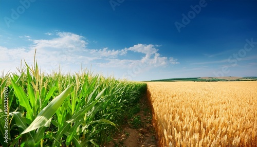green corn field next to golden wheat field under blue sky maize agriculture