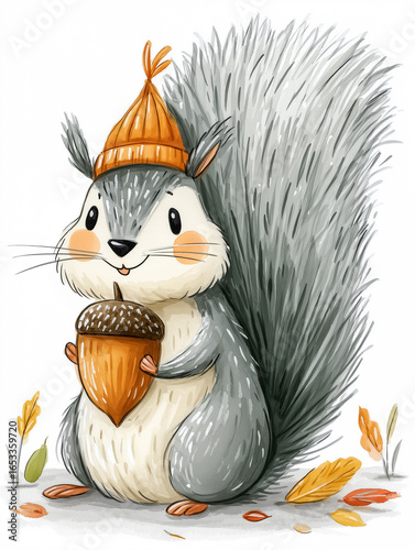 Adorable cartoon squirrel in orange knitted hat holding an acorn, isolated on white. Perfect for kids illustrations, nursery art, autumn greeting cards, and seasonal designs.
