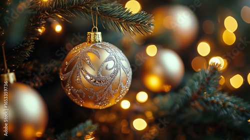 Golden Ornament Hangs on Christmas Tree With Glowing Lights During Festive Se...