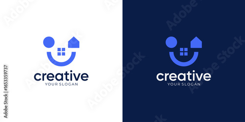 Simple Concept of Combined Homes with Smiling Face, Logo Design Vector Inspirations.