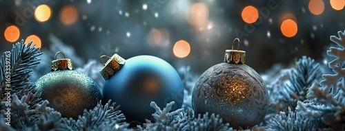 Holiday Decorations Featuring Blue and Silver Ornaments With Snowflakes and P...