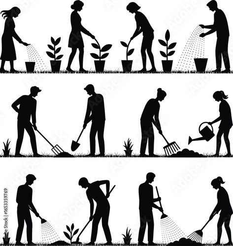 Silhouettes of people gardening, watering plants, using rake, shovel, hoe, soil care, garden tools, outdoor work, horticulture activity