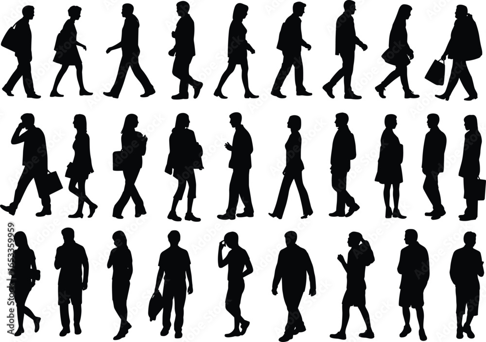 Silhouettes of people walking, standing, talking, phone call, briefcase, bag, motion, posture, black figures, white background, urban activity Silhouettes of people walking, standing, talking, phone call, briefcase, bag, motion, posture, black figures, white background, urban activity