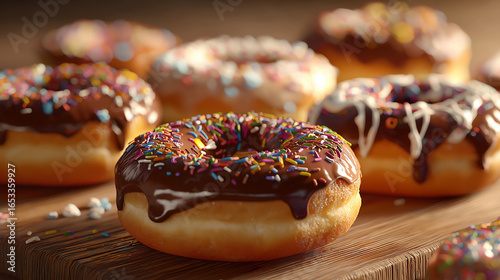 Delicious Doughnuts with Colorful Flavors and Toppings, Assorted Donuts Background, Variety of Doughnuts in Different Flavors and Colors, Sweet Donuts in Multiple Flavors, Glazes, and Toppings