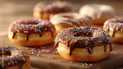 Delicious Doughnuts with Colorful Flavors and Toppings, Assorted Donuts Background, Variety of Doughnuts in Different Flavors and Colors, Sweet Donuts in Multiple Flavors, Glazes, and Toppings