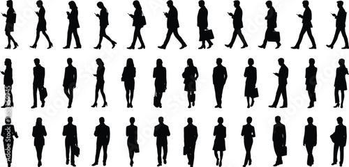Silhouettes of people walking, standing, phone use, briefcase, bag, posture, gesture, black figures, white background, everyday activity, motion