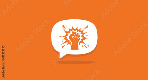 A white speech bubble icon with a raised clenched fist symbolizing protest and powerful communication.