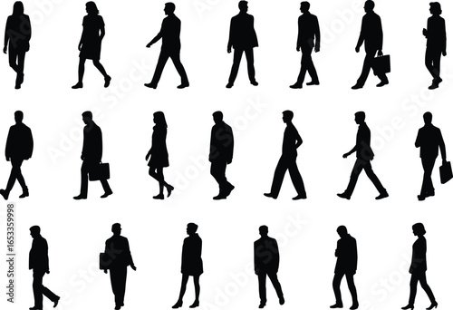 Silhouettes of people walking, various poses, briefcase, bag, motion, posture, black figures, human gait, walking cycle, white background