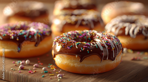Delicious Doughnuts with Colorful Flavors and Toppings, Assorted Donuts Background, Variety of Doughnuts in Different Flavors and Colors, Sweet Donuts in Multiple Flavors, Glazes, and Toppings