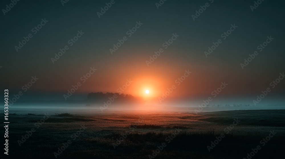 Fototapeta premium Sunrise bathes misty field in glowing light. Dark, moody landscape. Ethereal. Use for web, design, marketing.