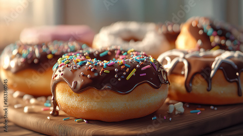 Delicious Doughnuts with Colorful Flavors and Toppings, Assorted Donuts Background, Variety of Doughnuts in Different Flavors and Colors, Sweet Donuts in Multiple Flavors, Glazes, and Toppings