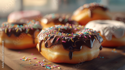 Delicious Doughnuts with Colorful Flavors and Toppings, Assorted Donuts Background, Variety of Doughnuts in Different Flavors and Colors, Sweet Donuts in Multiple Flavors, Glazes, and Toppings