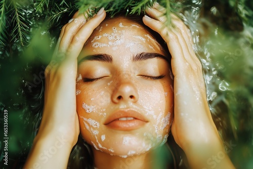 Natural Skincare Treatment Outdoors With Woman Relaxing Among Greenery.