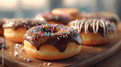 Delicious Doughnuts with Colorful Flavors and Toppings, Assorted Donuts Background, Variety of Doughnuts in Different Flavors and Colors, Sweet Donuts in Multiple Flavors, Glazes, and Toppings