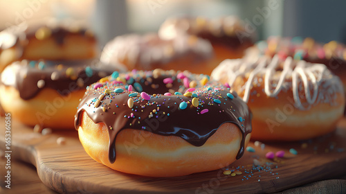 Delicious Doughnuts with Colorful Flavors and Toppings, Assorted Donuts Background, Variety of Doughnuts in Different Flavors and Colors, Sweet Donuts in Multiple Flavors, Glazes, and Toppings
