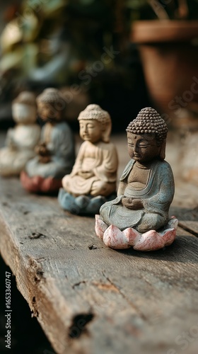 Colorful Buddha Statues Arranged on a Wooden Shelf in a Serene Garden Setting.