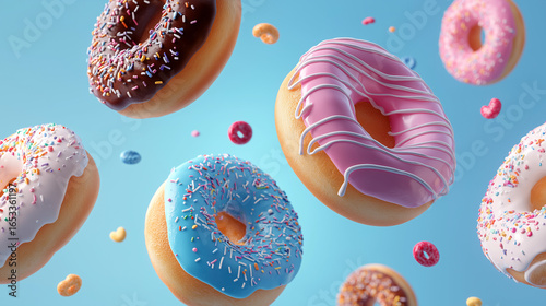 Flying Donuts, Multicolored Doughnuts with Sprinkles Floating on Blue Background, Mix of Multicolored Doughnuts with Sprinkles. Fun Sweet Design on Blue Background. Creative Dessert Art on Blue Sky