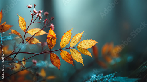 Backlit leaves glow gold in autumn forest. Use for nature-themed web design, backgrounds, marketing. Captures fall mood, serene woodland.