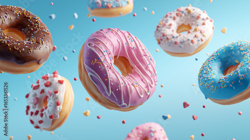 Flying Donuts, Multicolored Doughnuts with Sprinkles Floating on Blue Background, Mix of Multicolored Doughnuts with Sprinkles. Fun Sweet Design on Blue Background. Creative Dessert Art on Blue Sky