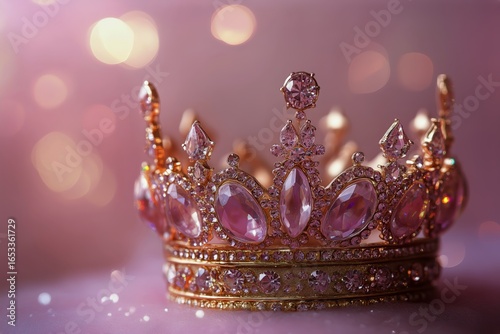 Sparkling Crown Adorned With Gemstones Resting on Soft Fabric in a Dreamy Lig...