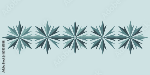 A row of five teal starbursts with pointed edges against a light blue background in a repeating pattern