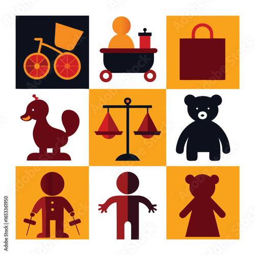 Playful Flat Design Icons of Toys and Symbols bicycle tricycle