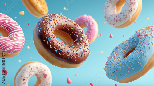 Flying Donuts, Multicolored Doughnuts with Sprinkles Floating on Blue Background, Mix of Multicolored Doughnuts with Sprinkles. Fun Sweet Design on Blue Background. Creative Dessert Art on Blue Sky