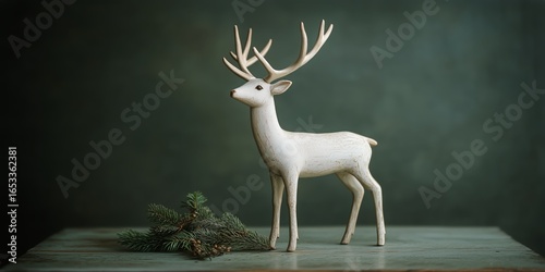 Elegant White Deer Figurine With Antlers and Evergreen Branches on a Rustic W...